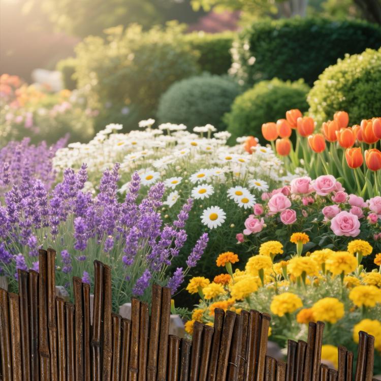Brown bamboo fence edging with upright poles for flower bed borders