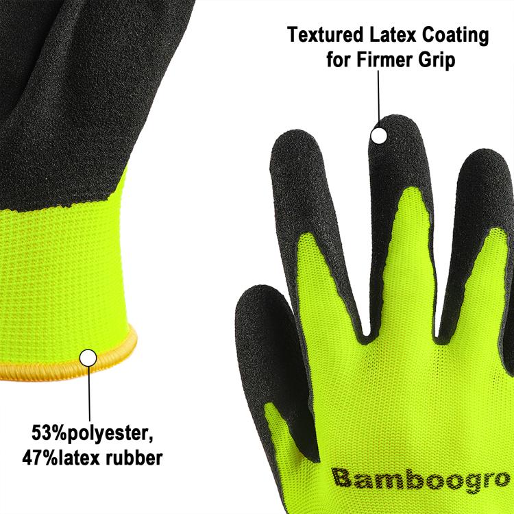 Neon yellow seamless glove with black textured latex coating for grip, shown in close-up
