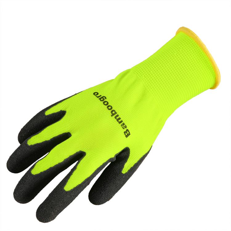 Neon yellow work glove with black grip-coated fingers and breathable knit back