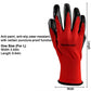 Red knit gloves with black textured grip on fingertips and palm, full hand coverage