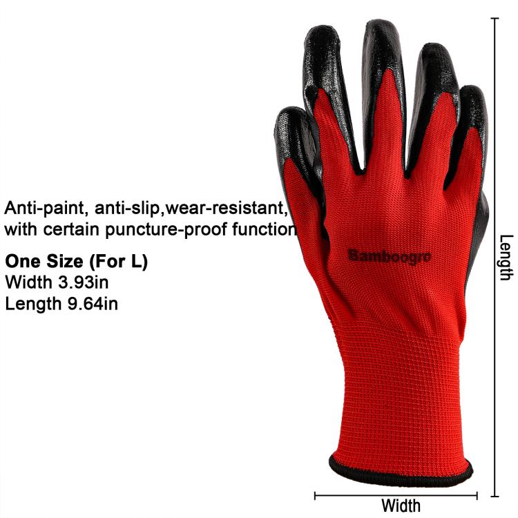 Red knit gloves with black textured grip on fingertips and palm, full hand coverage