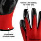 Red knit glove with textured black coating on palm and finger grip detail