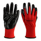 Pair of red and black coated work gloves with black palm and finger coating