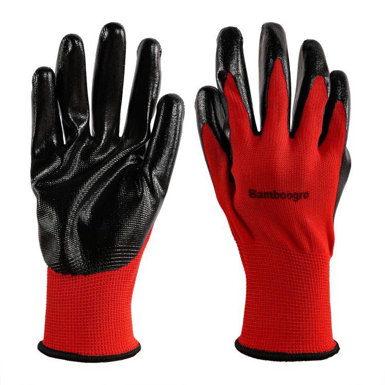Pair of red and black coated work gloves with black palm and finger coating