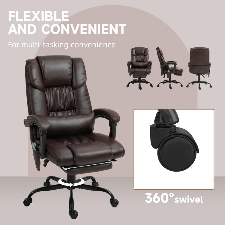 Brown massage office chair with high back, recline, swivel base, and casters