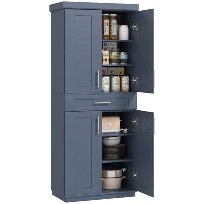 Navy blue freestanding pantry cabinet with open shelves, doors, and center drawer