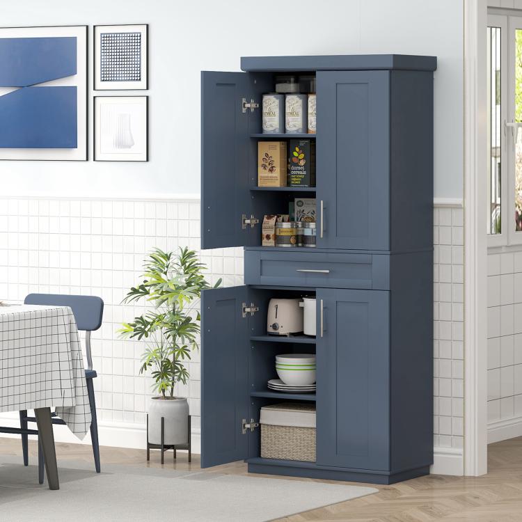 Navy blue freestanding pantry cabinet with open shelves and drawer, shown in kitchen