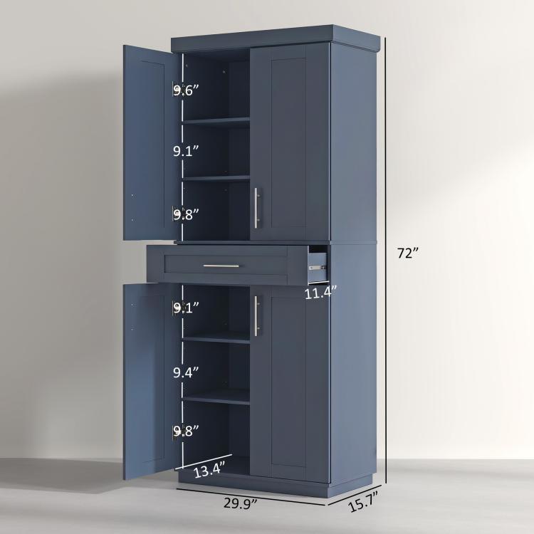 Navy blue pantry cabinet with doors and drawer, shown with height and width measurements