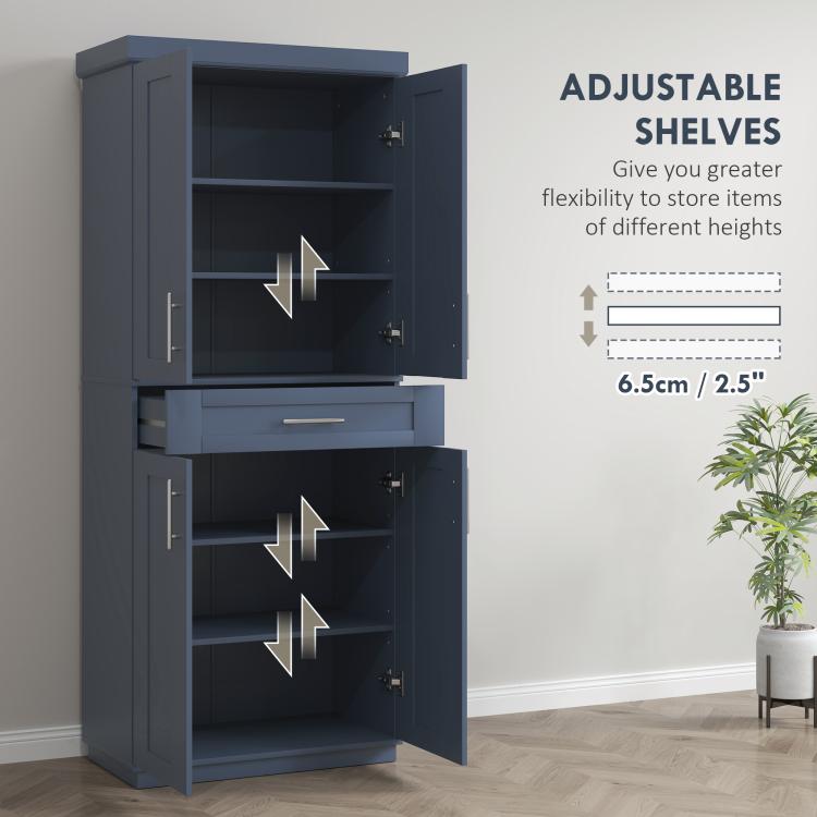 Navy blue pantry cabinet featuring adjustable interior shelves and pull-out drawer