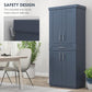 Navy blue pantry cabinet with double doors and drawer, safety hinge design shown