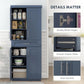 Navy blue pantry cabinet with metal hinges, smooth drawer slides, and silver accents