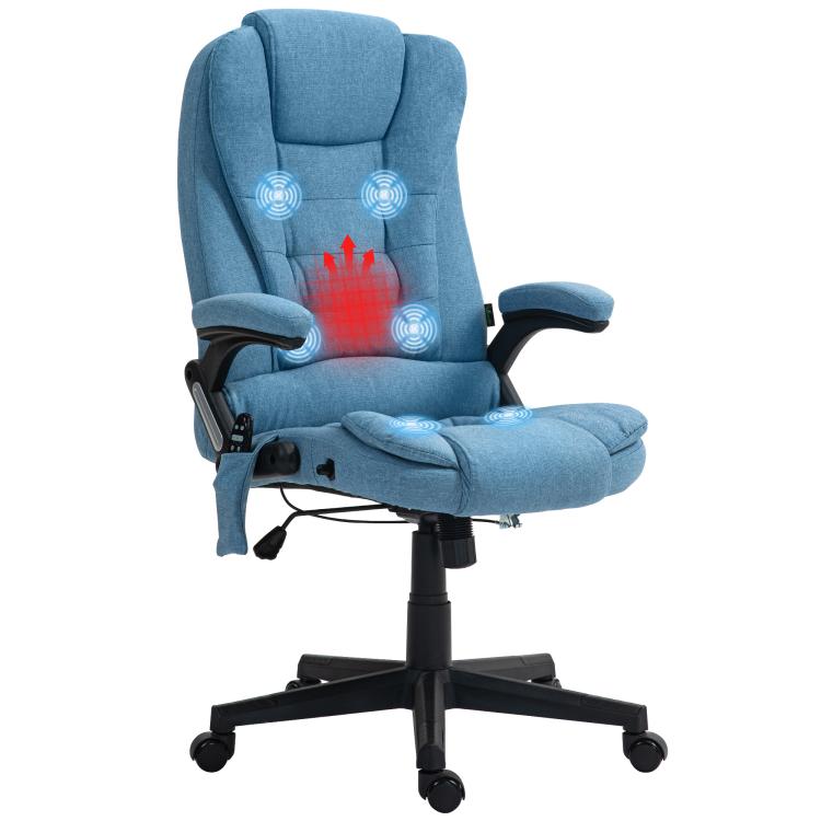 Light blue upholstered high-back massage office chair with padded armrests and base