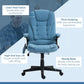 Light blue upholstered office massage chair with headrest, armrests, and wheeled pedestal base