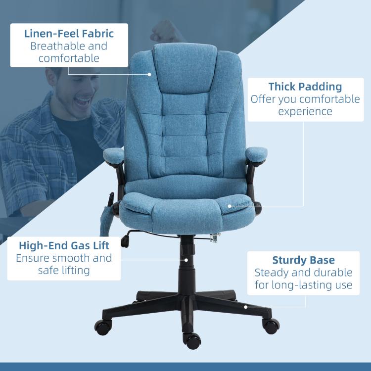 Light blue upholstered office massage chair with headrest, armrests, and wheeled pedestal base
