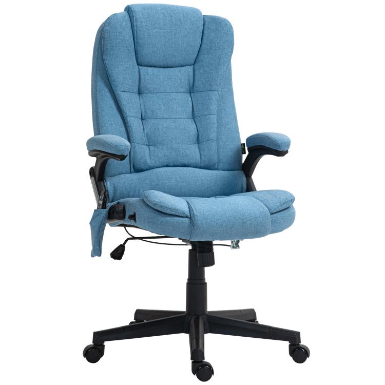 Light blue upholstered office chair, reclining back and footrest, with black wheeled base