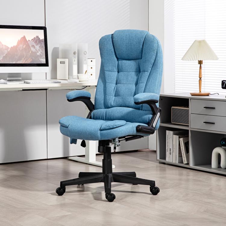 Light blue fabric high-back massage office chair with armrests and reclined seat