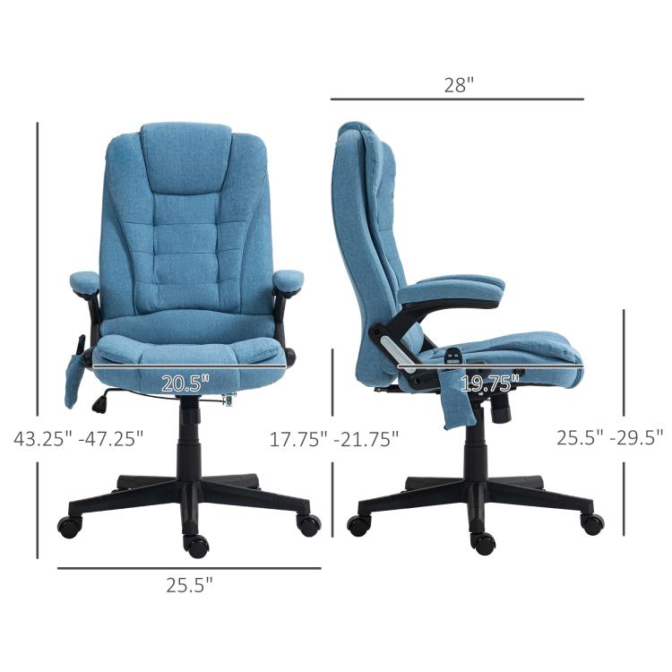 Light blue massage office chair front and side views with reclined seat