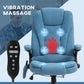 Light blue upholstered massage chair with vibrating back panel and handheld remote