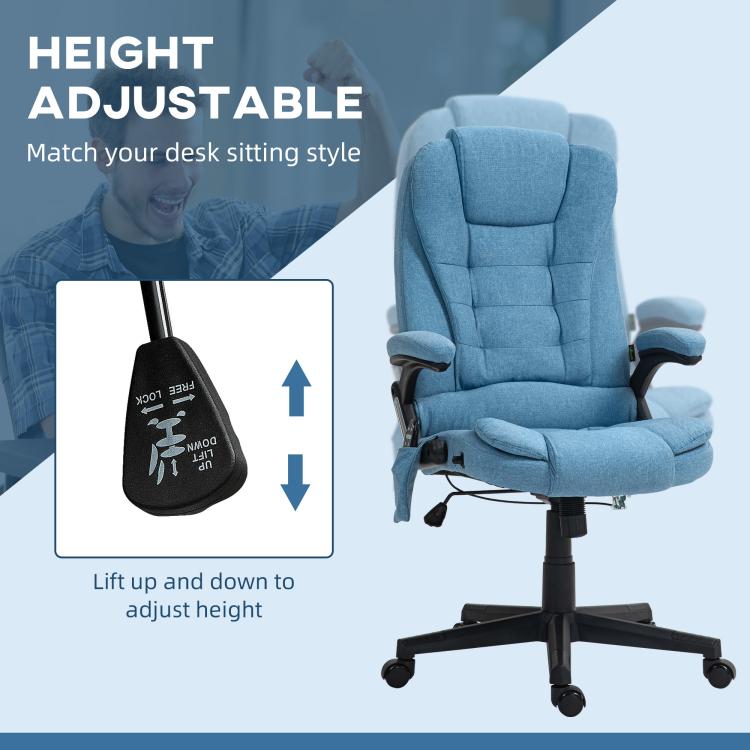 Light blue height-adjustable massage office chair with lift feature under the seat