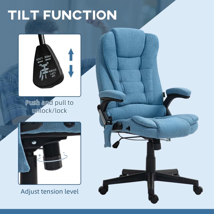 Light blue massage office chair with tilt recline control near the seat base