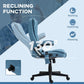 Light blue reclining massage office chair with back tilted and padded armrests