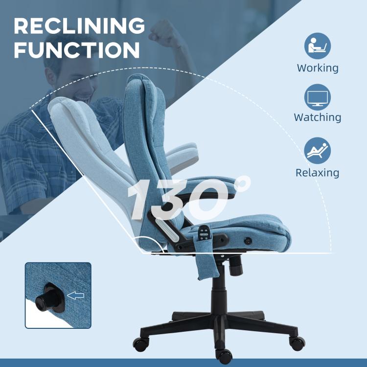 Light blue reclining massage office chair with back tilted and padded armrests
