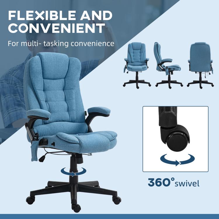 Light blue massage office chair with 360° swivel base and padded headrest