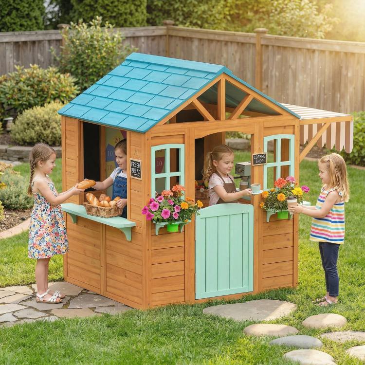 Outdoor wooden playhouse with blue roof, windows, mint door, and snack counter on backyard patio