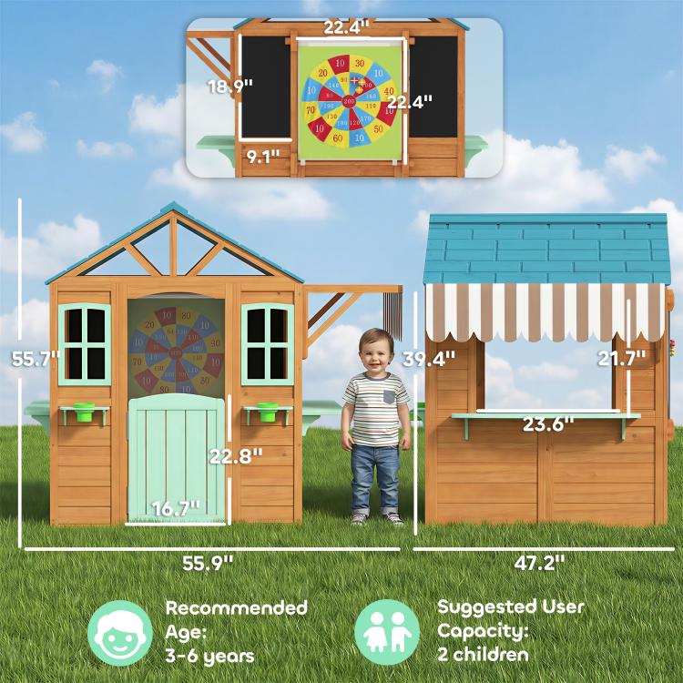 Outdoor playhouse size diagram with blue roof and mint door, shown with dimensions and icons