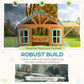 Wooden outdoor playhouse with blue roof and window panels on infographic card about sturdy build