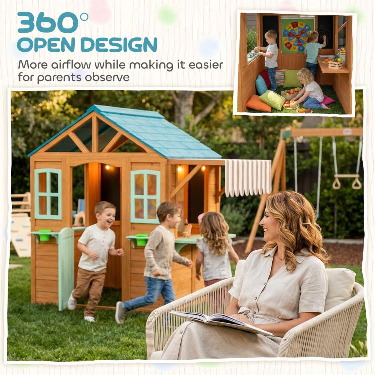 Outdoor wooden playhouse with blue roof and windows, shown with 360-degree open design graphic