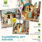 Outdoor playhouse for two kids shown with party balloons and wooden snack bar front view
