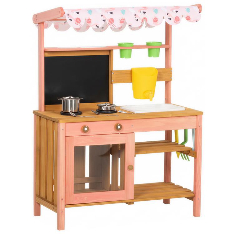 Pink wooden play kitchen with canopy, chalkboard panel, stovetop burners and yellow sink