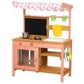 Pink wooden play kitchen with canopy, countertop stove, hanging utensils and shelves