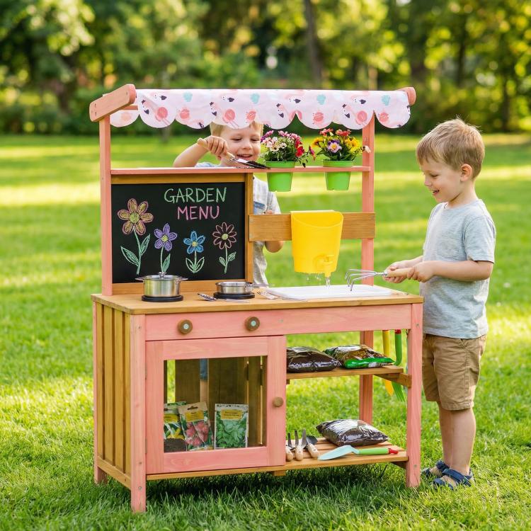 Kids outdoor garden play kitchen with pink frame, chalkboard menu board and yellow sink