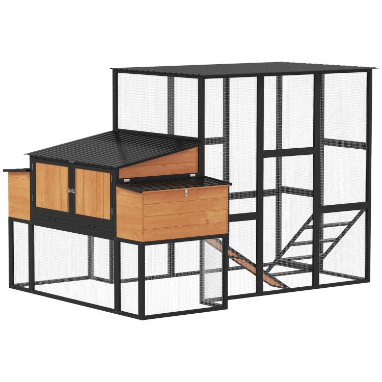 Wooden hen house with wire fencing, ramp, and covered black roof