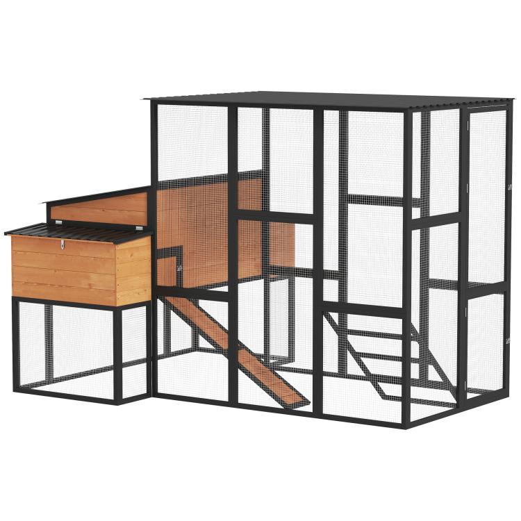 Large wooden chicken coop with mesh run and enclosed nesting boxes