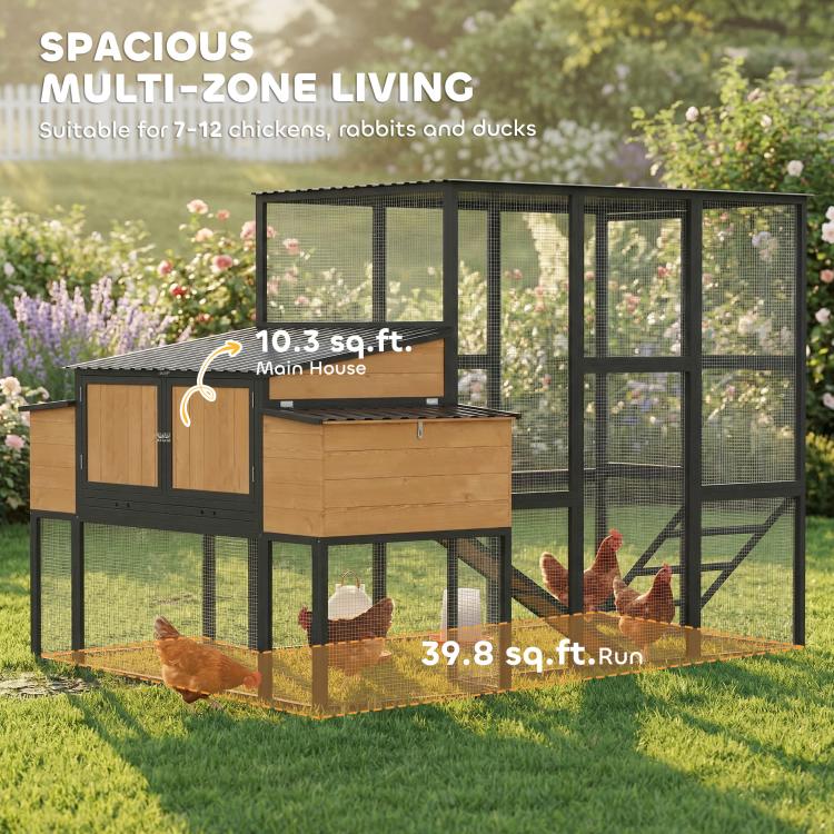 Outdoor chicken coop with main house and run, wooden nesting box, and black roof