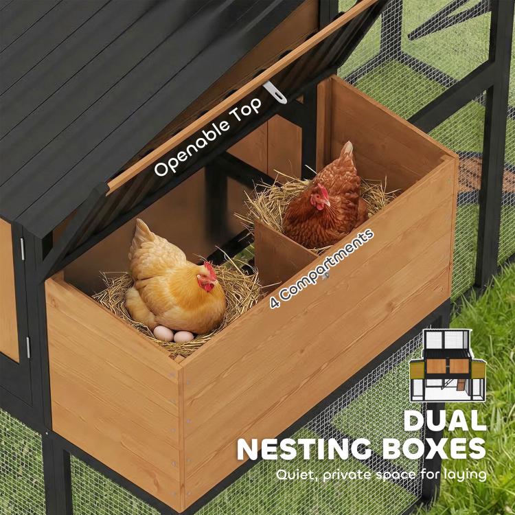 Dual nesting boxes inside wooden hen house with openable top and straw-filled compartments