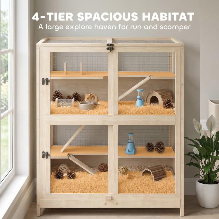 Wooden 4-tier small animal habitat with mesh panels, ramps, and blue water bottle