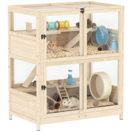 Wooden Hamster Cage, 4 Tier Small Animal Cage with Mesh Flip Roof, Pull-Out Tray, Huts, Seesaws, Ramps and Water Bottles