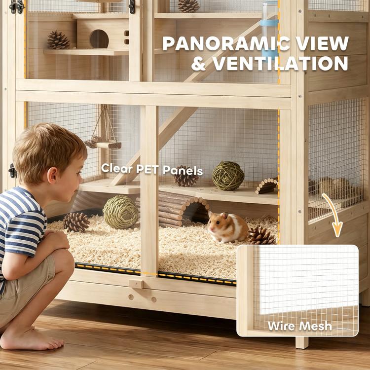 Wooden 4-tier hamster cage with clear panels and wire mesh ventilation