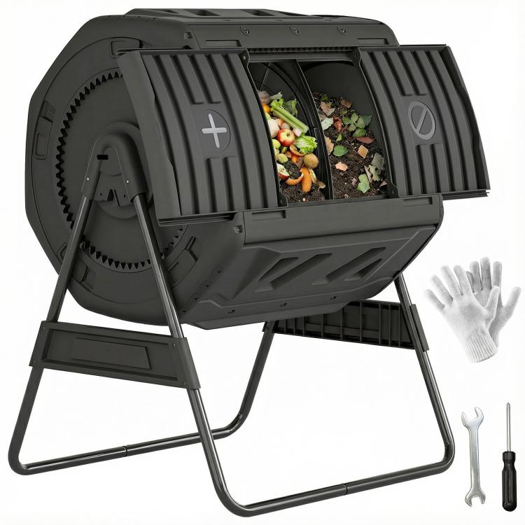 Black dual-chamber tumbling compost bin with open hatch and loading door