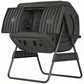 Black tumbling compost bin on stand, side view with open chamber access