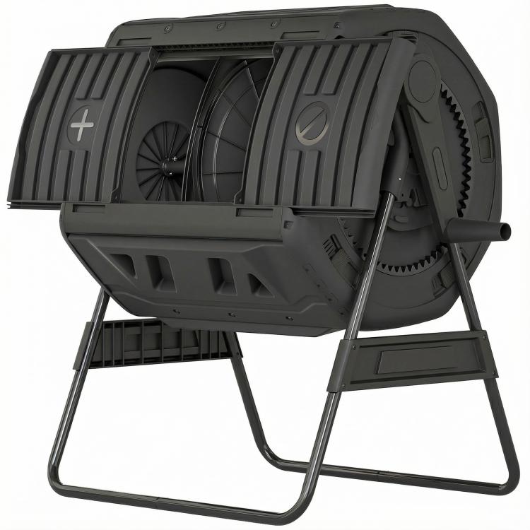 Black tumbling compost bin on stand, side view with open chamber access