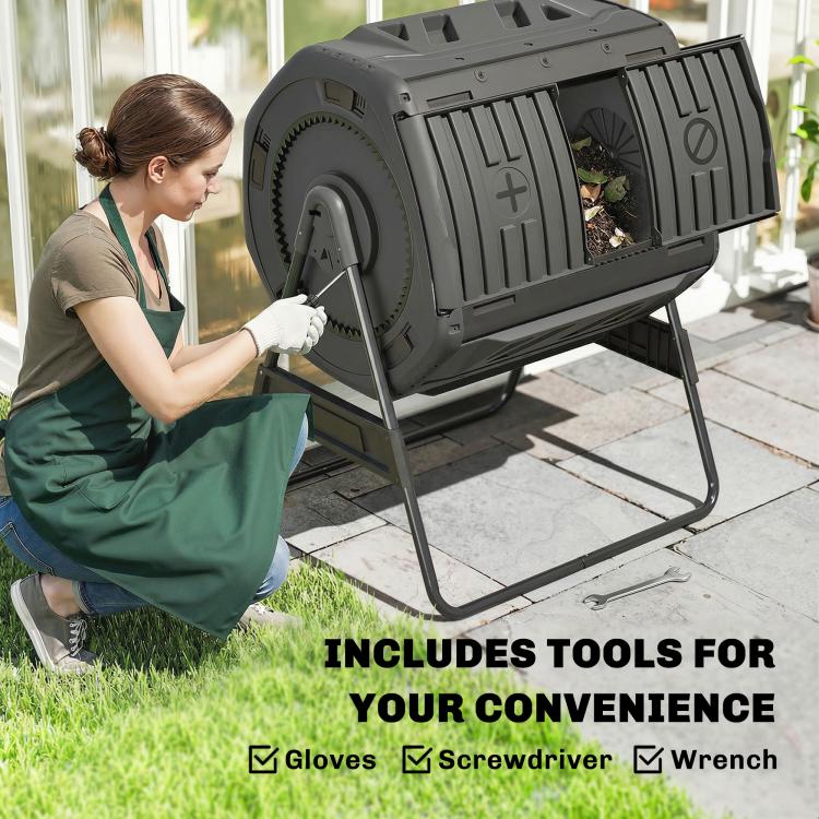 Outdoor black tumbling compost bin on stand, dual chamber with front access openings