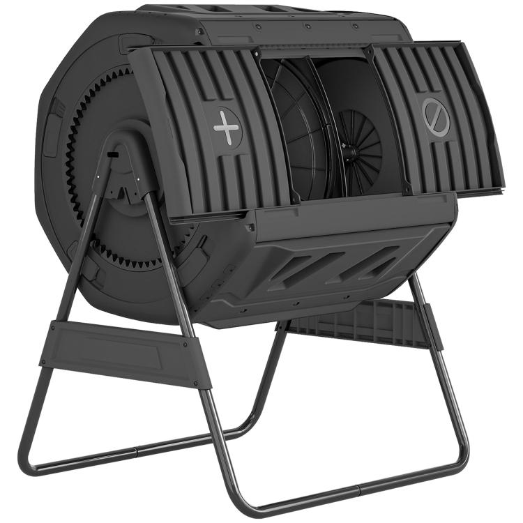 Black dual-chamber tumbling compost bin with adjustable vent on folding stand