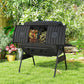 Black dual-chamber tumbling compost bin outdoors with both hatches open