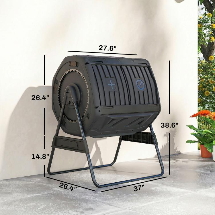 Black tumbling compost bin on tripod stand, front view with open loading area