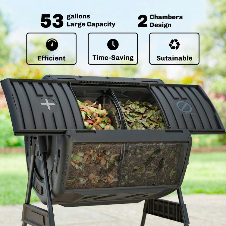Black dual-chamber tumbler compost bin showing two openings and front vent panel